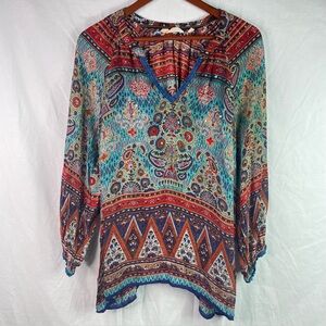 Soft Surroundings Women Tunic Blouse Dress Top Size S Paisley Boho Sheer Hippie